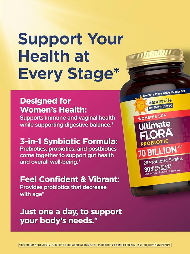 Renew Life Ultimate Flora Probiotics for Women 50+ 70 Billion CFU Delayed Release Vegan Capsules | Vaginal | Digestive Health | Immune Health | Dairy Free | 30 Count