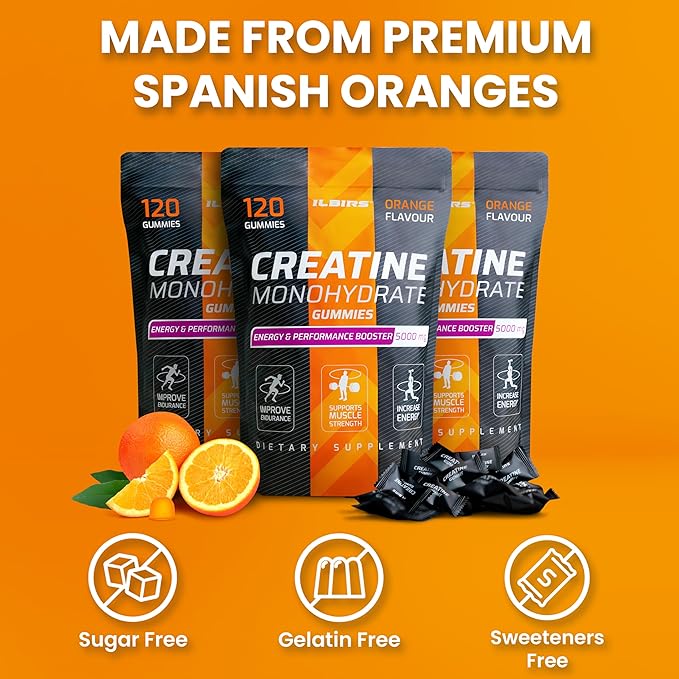 Creatine Monohydrate Gummies 5000mg for Women & Men - Muscle Builder & Pre Workout Gym Supplements - Chewables Creatine Mono Hydrate, Sugar-Free - 120 Gummies, Orange Flavor
