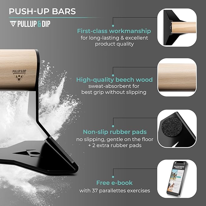 PULLUP & DIP Parallettes - Push Up Handles with Ergonomic Wooden Handles & Heavy-Duty Steel - Non-slip Parallettes Bars for Strength Training and Calisthenics - Press Up Handles for Push Ups