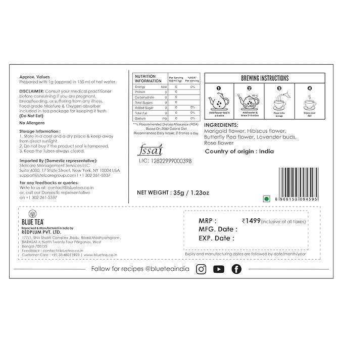 BLUE TEA - Floral Herbal Tea Gift - 5 Flower Tea in Glass Tube | EXOTIC TEA GIFT SET | Flower Based - Loose | Butterfly Pea, Rose, Marigold, Lavender, Hibiscus | Caffeine Free | Variety Tea | Tea Gifts for Women & Men