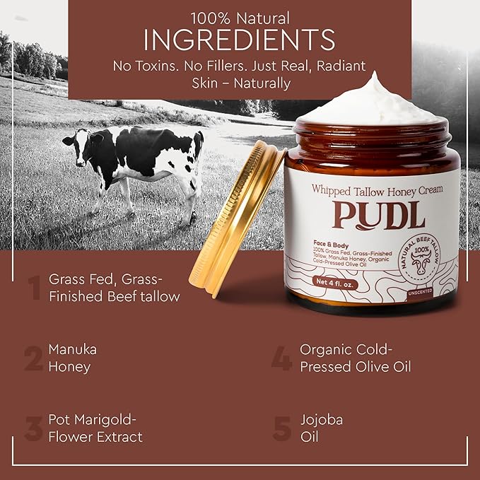 PUDL Grass Fed Beef Tallow for Skin Care with Manuka Honey, Organize Olive Oil and Jojoba Oil – Whipped Lotion Balm Anti-Aging Moisturizer Deeply Nourishing for Sensitive Skin Face & Body
