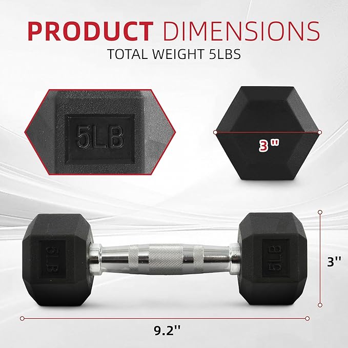 Rubber Encased Hex Weights Dumbbells Set of 5 – 50 lb Pair | Cast Iron Hand Weights with Anti-Slip Grip for Home Gym Strength Training
