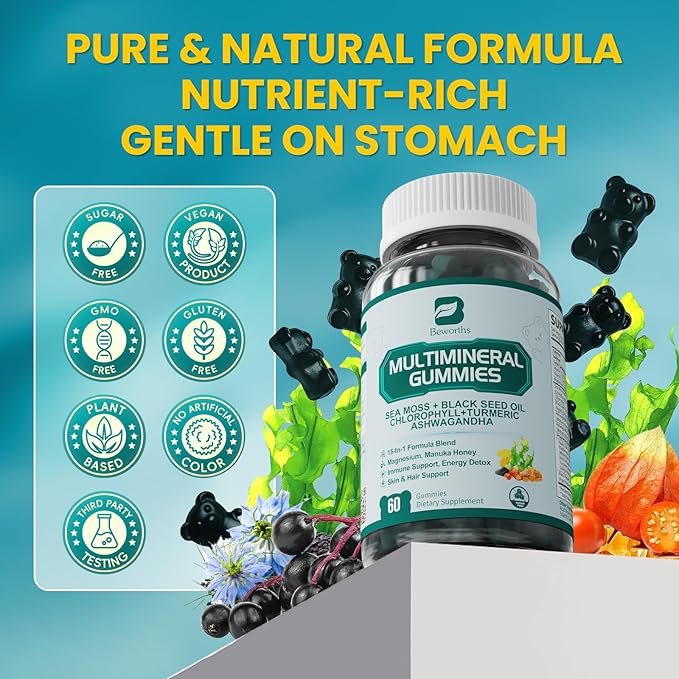 Sea Moss Gummies | Black Seed Oil Ashwagandha Chlorophyll | with Turmeric, Magnesium, Elderberry, Manuka Honey - Irish Sea Moss Gummy for Immune & Digestive, Gut Detox Support | Vegan, 120