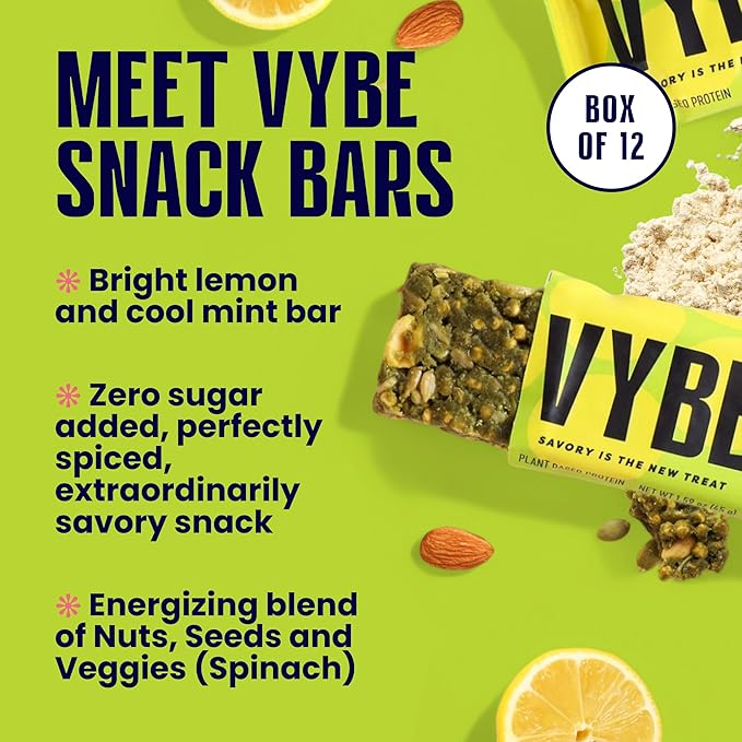 Vybe Snacks Savory Snack Bars – Lemon Mint Flavor | Crunchy & Delicious | Zero-Added Sugar, Gluten-Free, Plant-Based Goodness, Keto-Friendly, No Artificial Ingredients (Box of 12, 45g each)