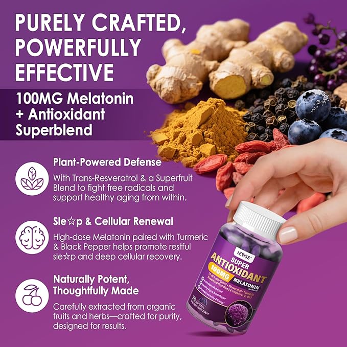 Melatonin 100mg for Antioxidant & Cognitive Health, Ultra High Dose Melatonin with CoQ10, Turmeric, Trans-Resveratrol, Vitamin B12 C E for Brain Anti-Aging, Cellular Repair and Energy, 75 Softgels