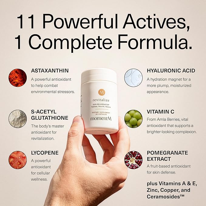 Revitalize Skin Supplement for Wrinkles Fine Lines Hydration Anti Aging Longevity - Nail Skin Hair Vitamins - Phytoceramides Lycopene Hyaluronic Acid Pills - Gluten Free Non GMO Vegan - 60 Capsules