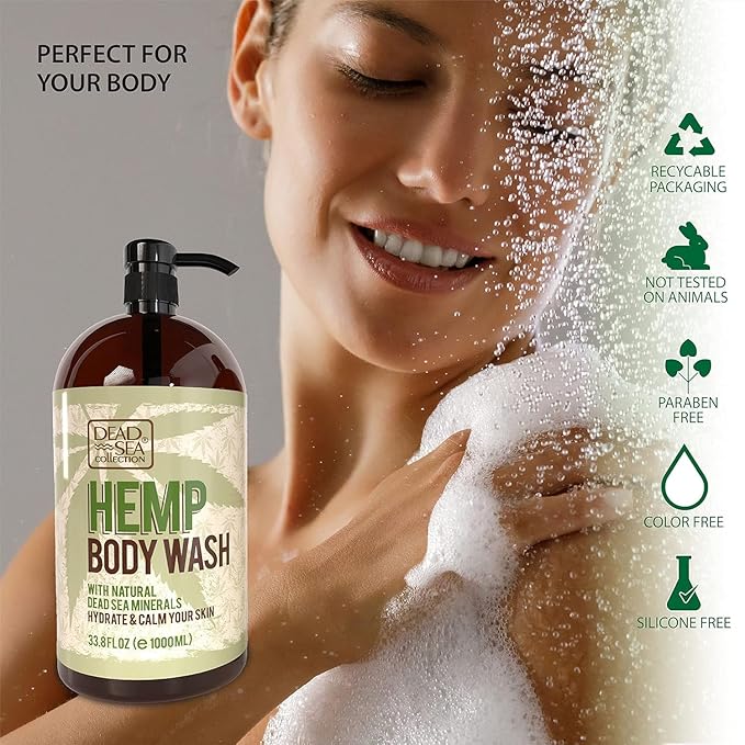 Dead Sea Collection Hemp Body Wash for Women and Men – Hemp Oil Infused with Dead Sea Minerals – Moisturizing Shower Gel for Dry & Sensitive Skin – 33.8 fl oz