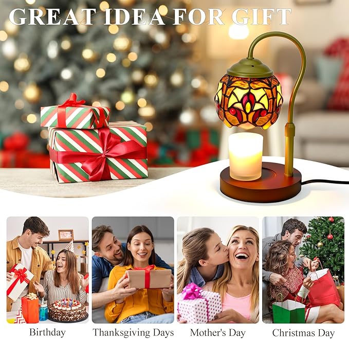 Tiffany Style Candle Warmer Lamp with Timer, Dimmable Stained Glass Candle Lamp Warmer, Birthday Gifts for Mom Women Friend Sister Baroque Wax Melt Warmer with 2 Bulbs for Home Deco