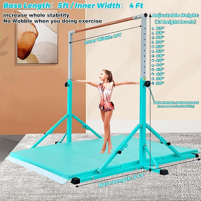 Gymnastic Bar for Kid and Teenage Ages 3-25, 5 FT / 6 FT Base Length, 5 FT / 6 FT Height, Gymnastic Kip Bar Horizontal Bar for Gymnast, Gymnastic Training Equipment for Home and Club Use