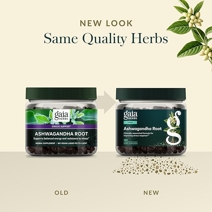 Gaia Herbs Ashwagandha Root - Stress Relief & Sleep Support Supplement - Supports Balanced Energy Levels & Positive Outlook* - 180 Vegan Liquid Phyto Capsules (90-Day Supply)