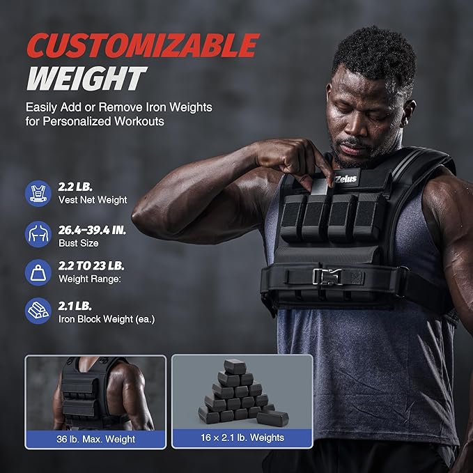 ZELUS Weighted Vest Men, 23/36/45 lb. Weight Vest with 10/16/20 Adjustable Iron Weights for Muscle Building Strength & Functional Training, Weighted Vest for Women with Reflective Strips.