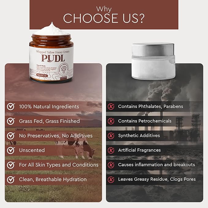 PUDL Grass Fed Beef Tallow for Skin Care with Manuka Honey, Organize Olive Oil and Jojoba Oil – Whipped Lotion Balm Anti-Aging Moisturizer Deeply Nourishing for Sensitive Skin Face & Body