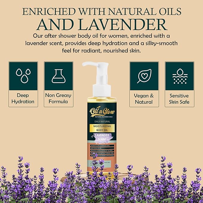 USDA Certified Organic Pure Natural Hydrating Body Oil After Shower With Coconut, Jojoba, Olive & Almond Non-Greasy Moisturizing Oil For Women & Men Dry Skin 5.07 fl oz/150ml- Lavender Scent