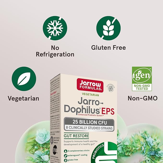 Jarrow Formulas Jarro-Dophilus EPS Gut Restore Probiotics 25 Billion CFU with 8 Clinically-Studied Strains, Dietary Supplement for Intestinal and Immune Support, 30 Veggie Capsules, 30 Day Supply