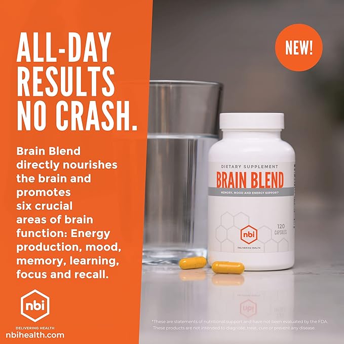 NBI Brain Blend for Memory, Focus, Concentration, Cognitive Function for Men & Women | Caffeine-Free with ALCAR, Alpha Lipoic Acid, Huperzine A, Turmeric | Nootropic | 120ct Capsules