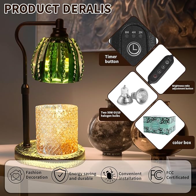 Candle Warmer Lamp with Timer: Adjustable Height and 4 Dimmer, Crystal Glass Base, Heater Wax Warmer for Jar Scented, Home Décor and Housewarming & Birthday Gift for Mom Woman, 2 Bulbs(Jade Green)