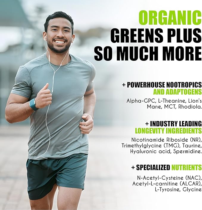 myBrainCo. Nootropic Greens - Premium All-in-One Body, Brain & Longevity Optimization Nutrition. Organic Greens & Superfoods, Alpha-GPC, L-Theanine, Lionβs Mane, TMG, NR, NAC & More. (15.9 oz)