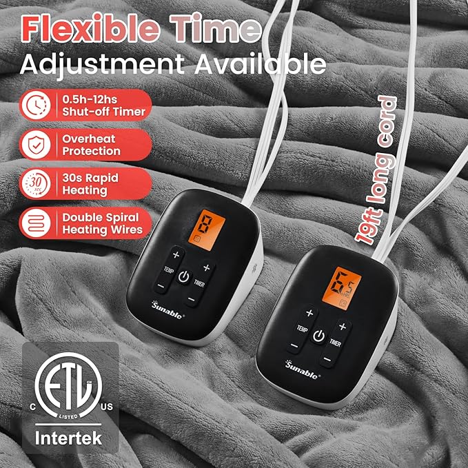 Sunable Heated Electric Blanket - Machine Washable Blanket with Time Settings 10 Heat Settings Queen Size 84×90 inches Grey - Velvet & Sherpa