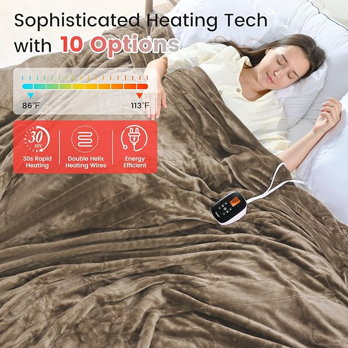 Sunable Heated Electric Blanket - Machine Washable Blanket with Time Settings 10 Heat Settings Full Size 77×84 inches Taupe - Velvet