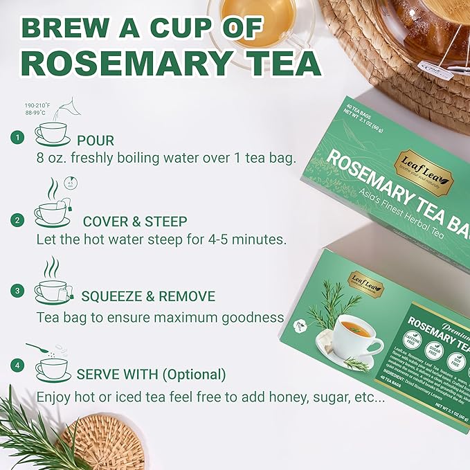 LeafLea 80 Rosemary Leaf Tea Bags, 100% Pure Rosemary Herbal Tea, Gentle Digestive Comfort & Relaxing, Te De Romero Featuring Subtle, Natural Flavor, Caffeine-Free, Sugar-Free, Non-GMO, Vegan
