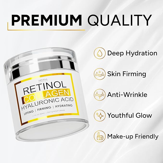Retinol Cream for Face with Collagen and Hyaluronic Acid - Anti Aging Wrinkle Cream for Women and Men - Day and Night Facial Moisturizer for Tightening and Skin Firming - Crema Hidratante Para la Cara