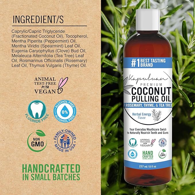 Kapuluan Coconut Oil Pulling for Teeth and Gums Mouthwash, 100% Pure and Natural, Non-GMO, Ayurvedicโ with Rosemary, Thyme, and Tea Tree Essential Oil