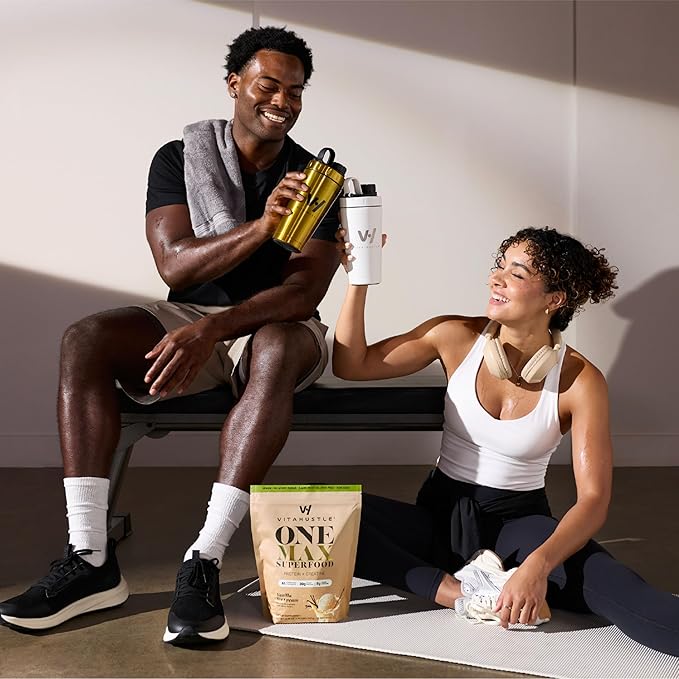 VitaHustle ONE Max Protein + 5g Creatine, 30g Plant Protein Powder, All-in-One Meal Replacement Shake with Greens, Adaptogens, Ashwagandha, Probiotics & Vitamins – Vanilla Ice Cream, 15 Servings