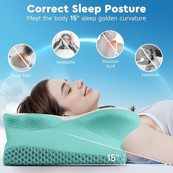 Cervical Neck Pillow, Memory Foam Neck Support Pillows for Sleeping, Shoulder Pillow for Side Sleepers, Back Stomach Sleepers, CertiPUR-US Certified, King Size, Green