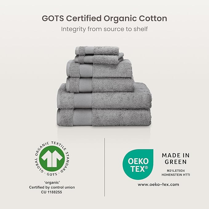 BIOWEAVES 100% Organic Cotton 700 GSM Plush 6-Piece Towel Set GOTS Certified, 2 Bath Towels, 2 Hand Towels & 2 Washcloths - Light Grey