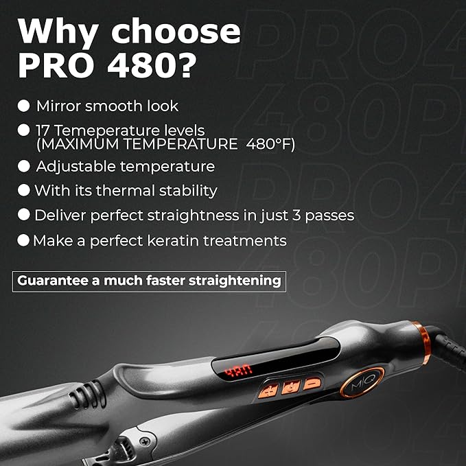 MQ Hair - Professional Titanium Flat Iron 480°F - Bivolt, Anatomic Design, Ultra-Smooth, Mirror Effect - 3 Passes Needed, Temperature Control, Perfect Straightening - Gray Color
