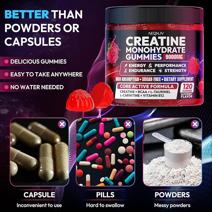 Creatine Gummies Monohydrate Complex 9000MG, Pre-Workout for Men & Women, Creatine Gummy with L-Taurine, BCAA 2:1, B12/6 for Muscle Support, Enhance Strength, Energy Boost-120 Count