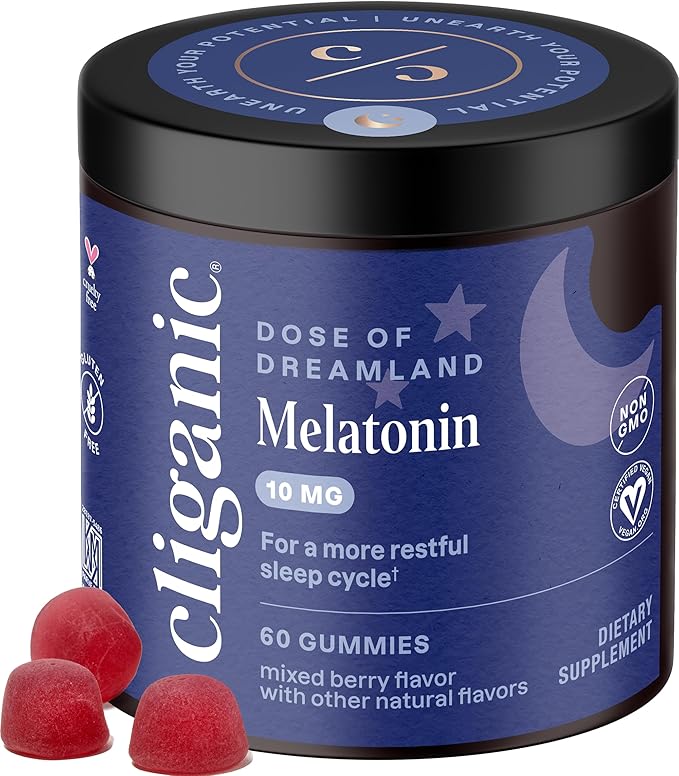 Cliganic Melatonin Gummies (10 mg, 60-Day Supply) - Adult Sleep Aid, Berry Flavor, Vegan, Non-GMO, Kosher, Gluten-Free Supplement, Helps Regulate Circadian Rhythm & Promotes Peaceful Nights