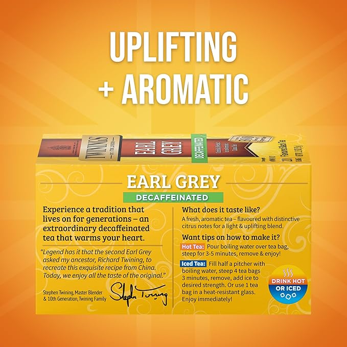 Twinings Decaffeinated Earl Grey Black Tea Individually Wrapped Bags, 20 Count (Pack of 6), Flavoured with Citrus and Bergamot, Enjoy Hot or Iced, 120 Teabags