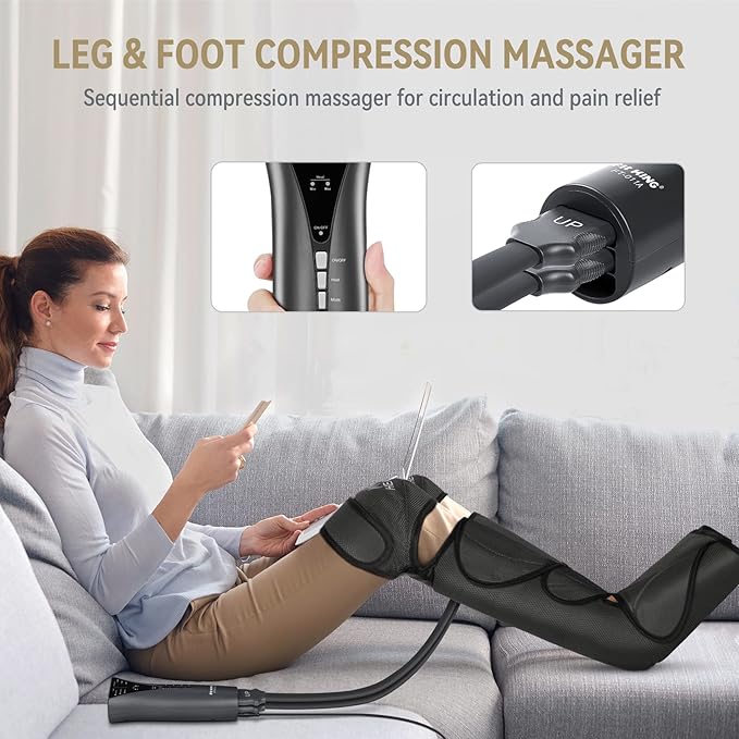 FIT KING Foot and Leg Compression Massager for Circulation and Pain Relief with Knee Heating Therapy - Handheld Controller 3 Modes 3 Intensities - Gift for Mom Wife Family