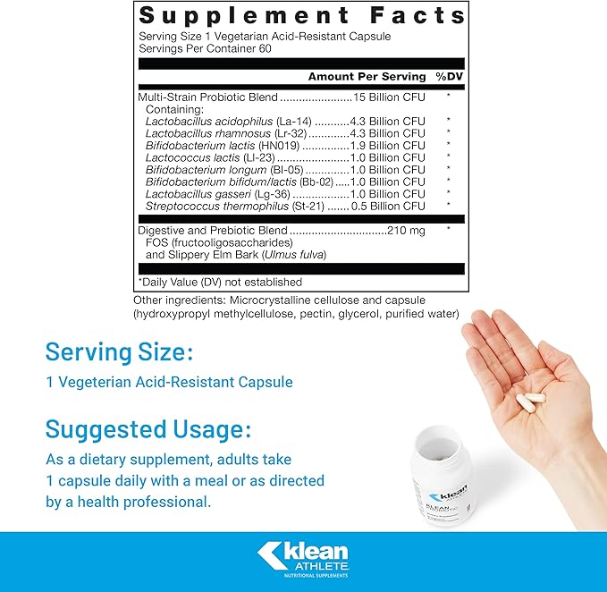Klean Athlete Klean Probiotic | Shelf Stable Probiotic to Support Immune System and Overall Health of The Digestive System | NSF Certified for Sport | 60 Vegetarian Acid-Resistant Capsules