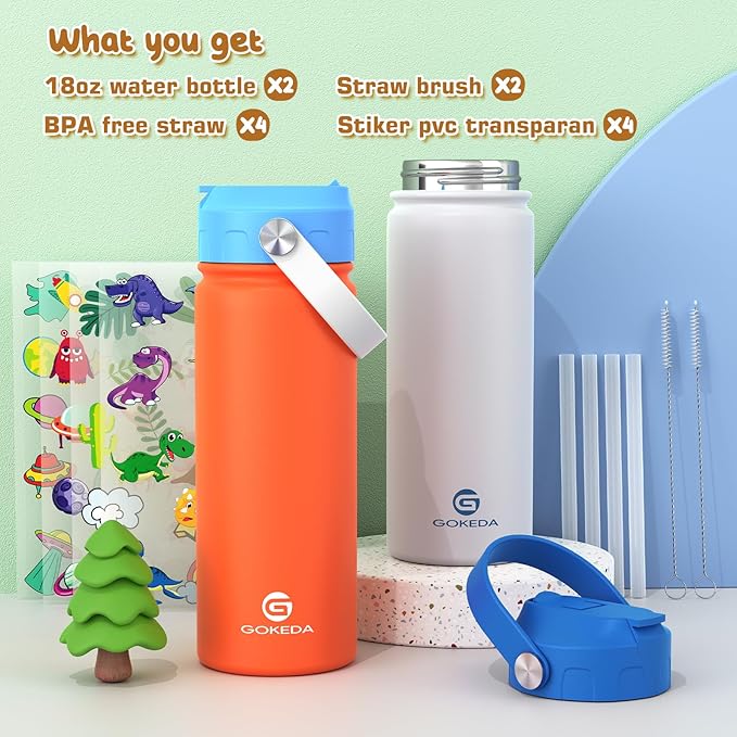 GoKEDA 18oz Kids Water Bottle, 2 Pack Insulated Bottles with Stickers, 18/8 Stainless Steel Vacuum Leak Proof Straw Cup for School, Gifts for Boys Girls(White+Orange)