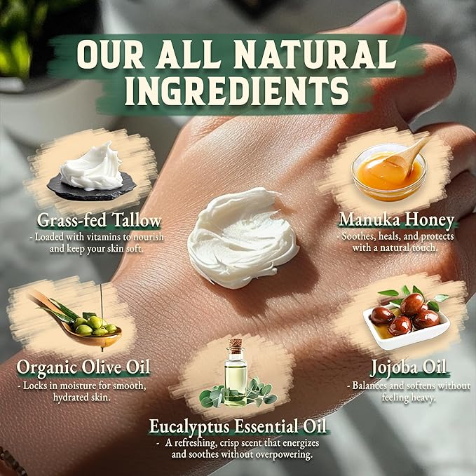Organic Beef Tallow for Skin - 4 OZ (Eucalyptus) โ Grass Fed Beef Tallow for face + Body โ US-Made Whipped Tallow and Honey Balm Moisturizer for Dry and Sensitive Skin, Eczema, Rosacea (No Additives)