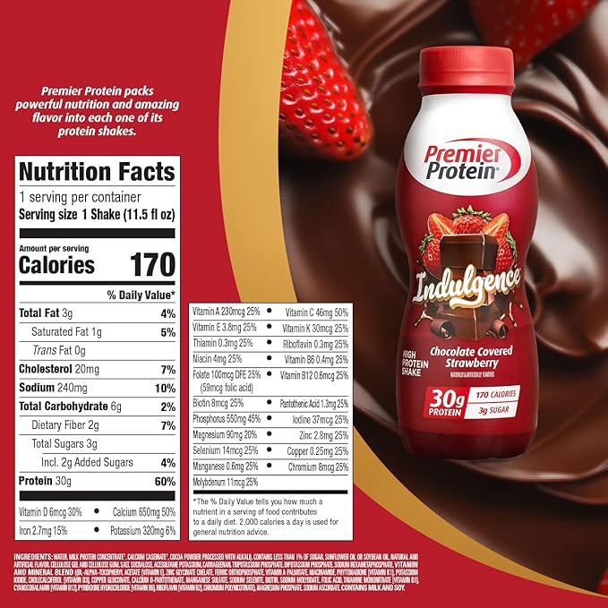 Premier Protein Indulgence Protein Shake, 30g Protein, 3g Sugar, Chocolate Covered Strawberry, 11.5 fl oz, Pack of 12