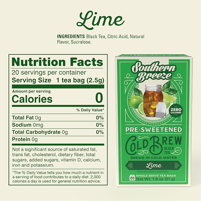 Southern Breeze Lime Cold Brew Sweet Tea Lime Iced Tea with Black Tea and Zero Carbs Zero Sugar, 20 Individually Wrapped Tea Bags Pack of 4