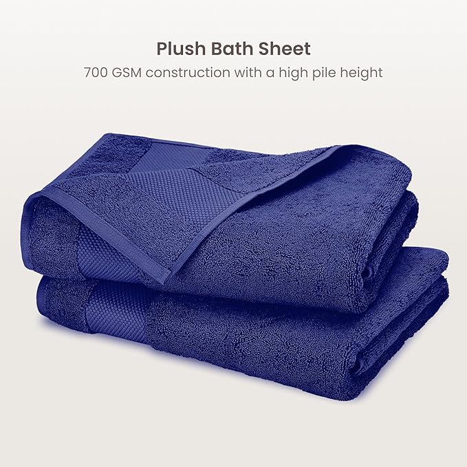 BIOWEAVES 100% Organic Cotton Bath Sheet Set of 2 | Soft Oversized Bath Towels | 700 GSM Premium Bath Towel Sheet Set GOTS Certified - Navy Blue