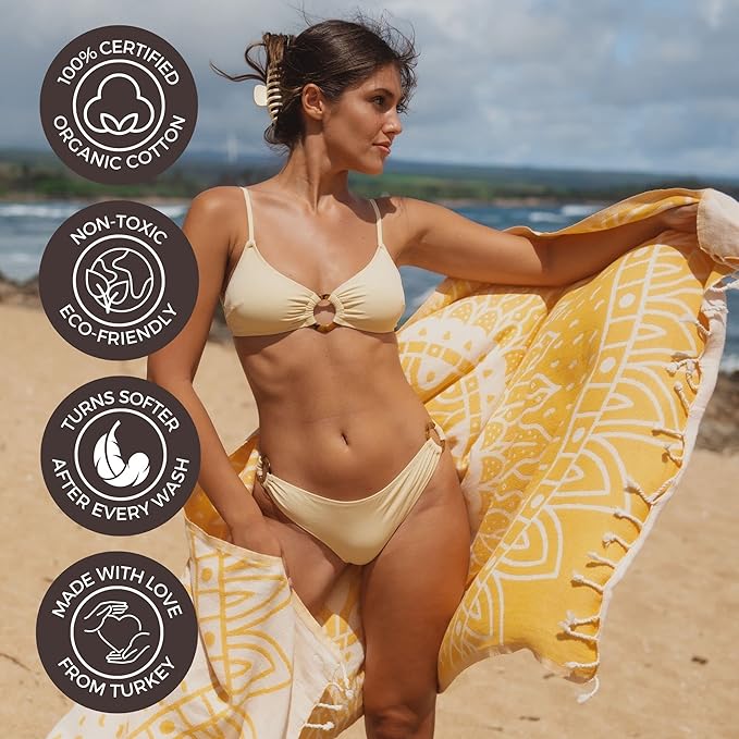 FESHKA Sand Proof Turkish Beach Towel – Oversized, Quick Dry & Lightweight Travel Towel - 100% Organic Cotton Beach Blanket - Perfect for Bath, Pool & Picnic | Sunflower (Yellow)