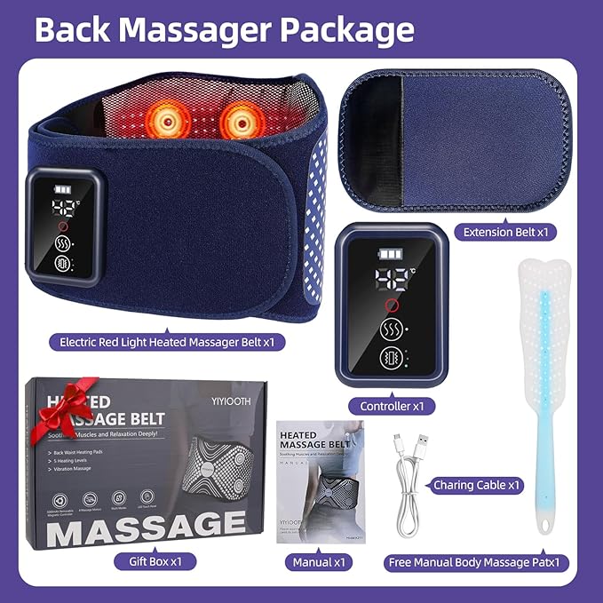 Back Massager Belt Cordless, FSA-HSA Eligible Upgraded Red Light Heating Pad for Low Back, 3 Vibration Electric Massager, 5 Heat, Christmas Gifts for Men, Women, Dad Mon