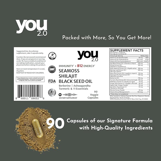 Powerhouse Superfood with Seamoss, Shilajit, Ashwagandha, Berberine, Maca, Black Seed Oil, Turmeric, Vitamin C, D, B12, K2 - Moringa, Apple Cider, Made in USA for Overall Health & Immunity