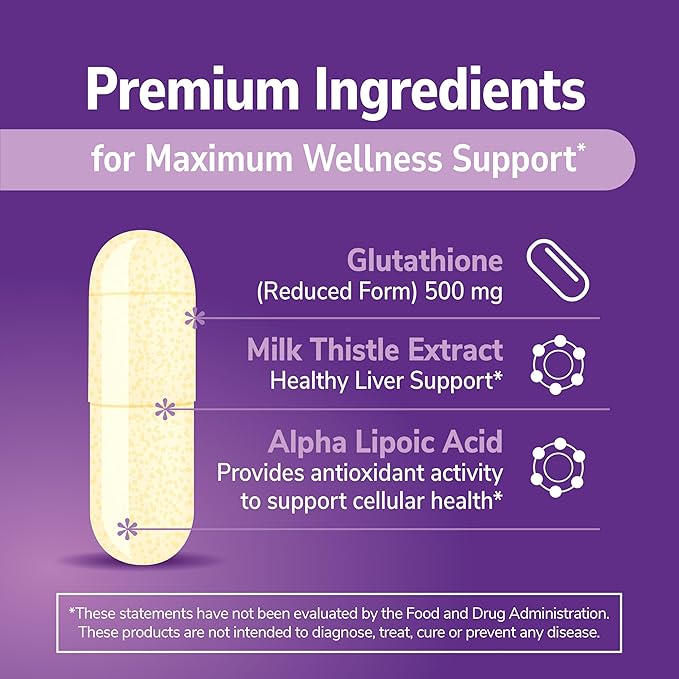 21st Century Glutathione 500 mg Plus Milk Thistle Extract & Alpha Lipoic Acid Capsules (120 Count), Reduced Form, Combats Harmful Radicals, Supports Cellular & Immune Health, Non-GMO, Gluten-Free