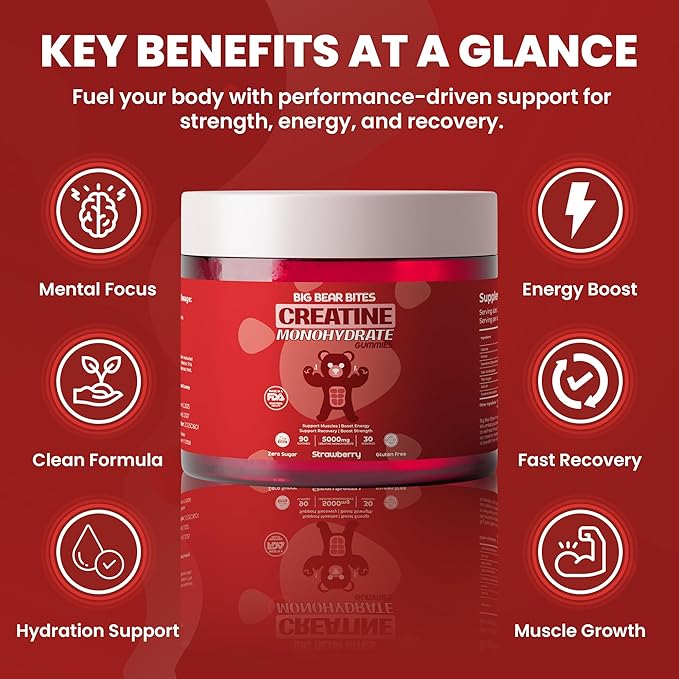 Creatine Monohydrate Gummies for Men & Women | 5000mg of Creatine Gummies per Serving | Sugar, Gluten Free & Halal | Pack of 90 for Pre Workout & Muscle Support | Strawberry Flavor
