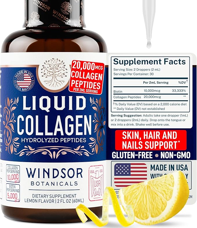 Concentrated Liquid Collagen Peptides Supplement - Hair, Skin, Nail, Joints Support - Sublingual Drops by WINDSOR BOTANICALS - 10,000mcg Collagen, 5,000mcg Biotin - Lemon Flavor - 2-Month - 2 oz