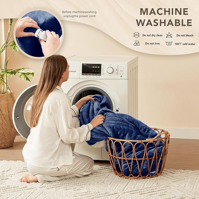 Homemate Electric Heated Blanket Queen - 84"x90" Heating Bed Blankets Throw with 10 Heating Levels 8 Hours Auto Off Fast Heating Over-Heated Protection Ultra Soft Warm Flannel ETL Certified Navy Blue