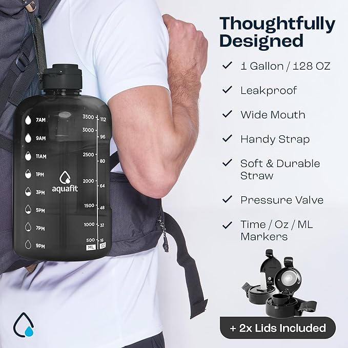 AQUAFIT 1 Gallon Water Bottle with Time Marker - Straw & Chug Lid - BPA Free Gym Water Bottle with Straw - Big Gallon Jug (Midnight Gray, 128 oz - 2 Lids)