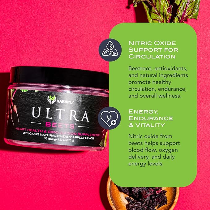 KaraMD UltraBeets | Delicious Beetroot Superfood Powder | Natural Vegan Friendly, Non-GMO & Gluten Free Nitric Oxide Booster Supplement | Supports Circulation & Energy (30 Concentrated Servings)