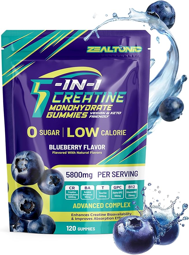 Creatine Monohydrate Gummies 5800mg with Betaine & Alpha GPC | 0 Sugar | Pre Workout Energy Booster for Men & Women | Muscle Growth & Boost Strength & Faster Recovery | (120, Blueberry)